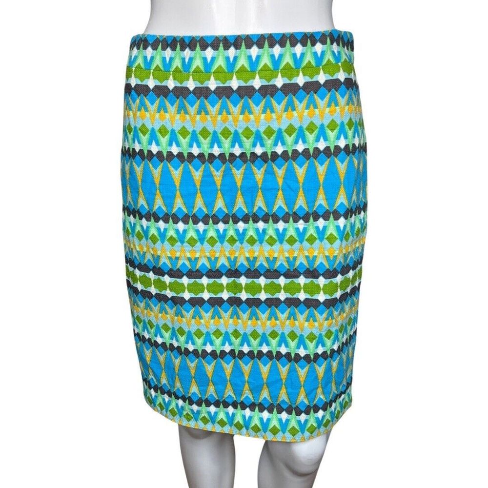 J Crew Skirt Womens 0 The Pencil Skirt Blue Green Geometric Straight Colorful